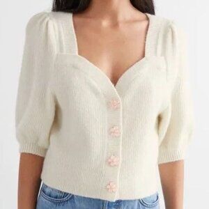 & Other Stories Ivory Sweetheart Pink Floral Button Puff Sleeve Cardigan Medium